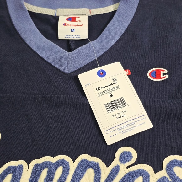 Champion Knitwear Men's V-Neck Retro Varsity Patch Jersey Shirt Navy Sz M NWT - Picture 6 of 14